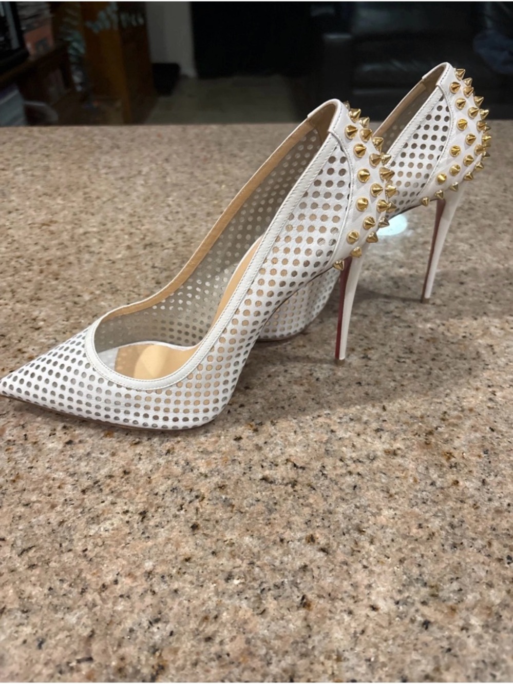 Christian Louboutin White Perforated Spike Heel Pumps - Picture 8 of 9